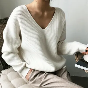 

Fashion Casual Women's Clothing Female Solid V Neck Long Sleeved Knitted Sweater Women Soft Pullovers Knit Tops Sweater Hot