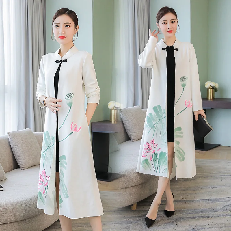 

2019 New Style Autumn And Winter Chinese-style Retro Cardigan Mid-length Frog Stand Collar Hand-Painted Coat