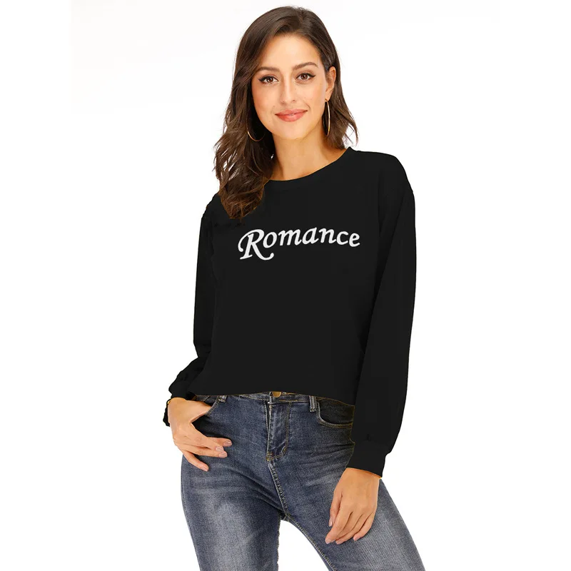romance black Merry Pretty, женская укороченная толстовка,, толстовки, с буквенным принтом, с длинным рукавом, укороченный свитер, джемпер, пуловеры, Прямая поставка - Цвет: romance black