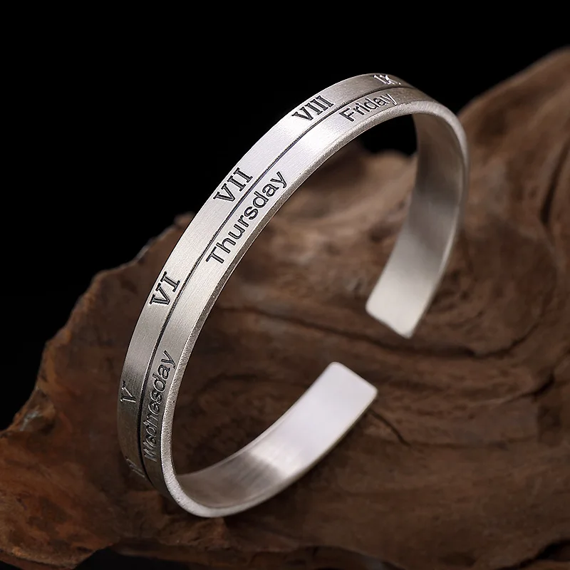 

One Deer Silver S999 Pure Silver Retro Lettered Feather Cool Versatile Fine Silver Men's Women's Adjustable Retro Bracelet
