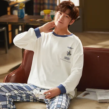 

Autumn Winter Men's Cotton Pajamas Set Black Letter Sleepwear Simple Pajama Casual Sleep&Lounge Pyjamas Plus Size 3XL Pijamas