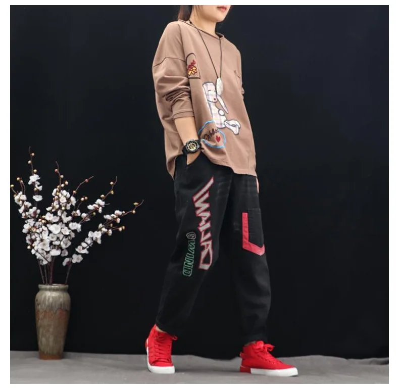 Max LuLu корейские модные женские черные уличные осенние брюки женские свободные джинсы с вышивкой Винтажные эластичные шаровары