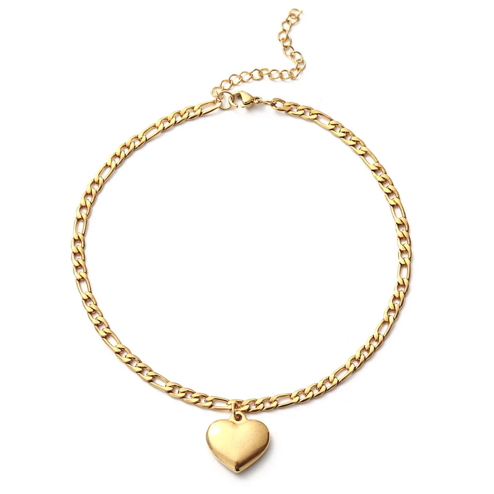 Women's Ankle Leg Bracelet Beach Jewelry Ladies Gold Color Stainless Steel Figaro Chain With Heart Pendant Anklets for Women silver anklet bracelet ankle chains fashion accessories