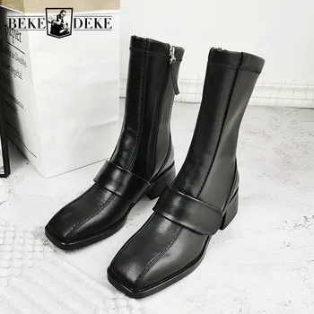 

Winter British Style Women Zip Black Genuine Leather Runway Casual Boots Motorcycle High-Top Booties Zapatos De Mujer