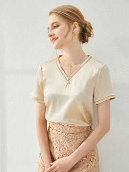 

Champagne Style V-neck Short-Sleeved European Women's Satin Silk T-shirt Top Mulberry Silk Shirt New Summer 2020dropshipping