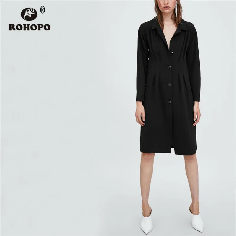 

ROHOPO Notched Collar Big Button Fly Long Sleeve Black Mini Dress Top Draped Pleated Straight Solid Ladies British Vestido #277