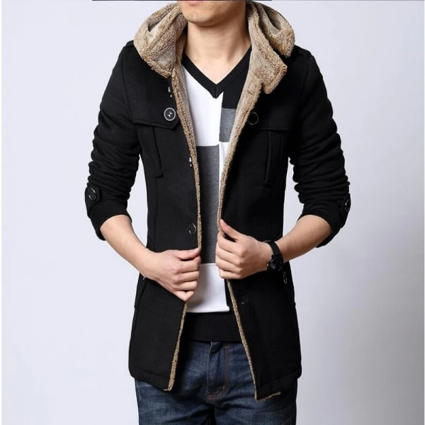 black Зимний шерстяной Тренч с флисовой подкладкой, мужской корейский стиль, приталенная Толстая теплая ветровка, модная куртка с капюшоном для мужчин размера плюс 5XL - Цвет: black