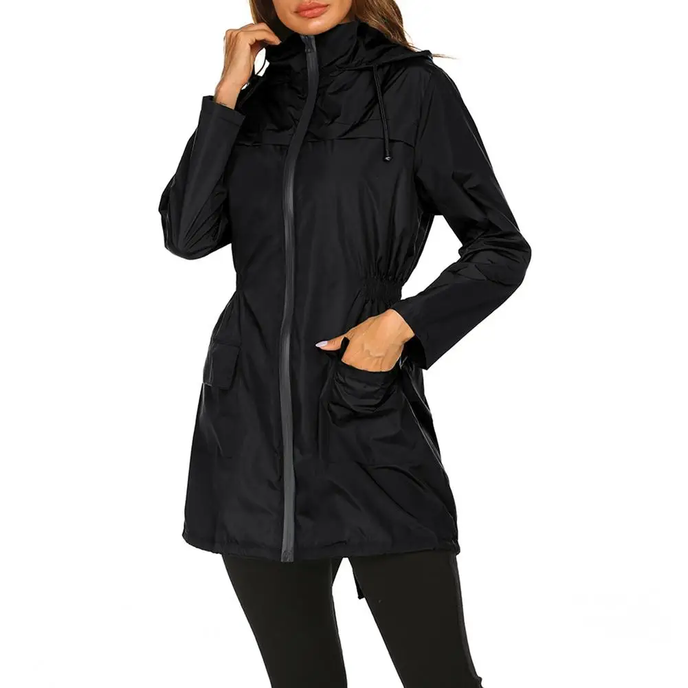 Impermeável leve com capuz para mulheres, jaqueta impermeável Long Rain Jackets Outwear para caminhadas ao ar livre, New Rainwear