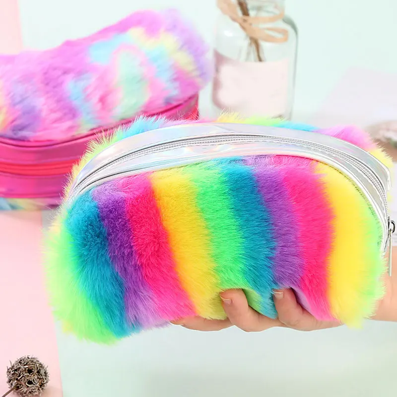Plush Pencil Case Quality Rainbow Pencilcase School Supplies School Pen Bag For Girl Stationery Gift School Cute Pencil Box