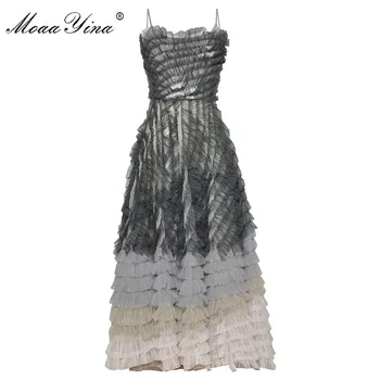 

MoaaYina Fashion Designer Dress Summer Women's dress Spaghetti strap Sexy Backless Mesh Cascading Ruffle Dresses