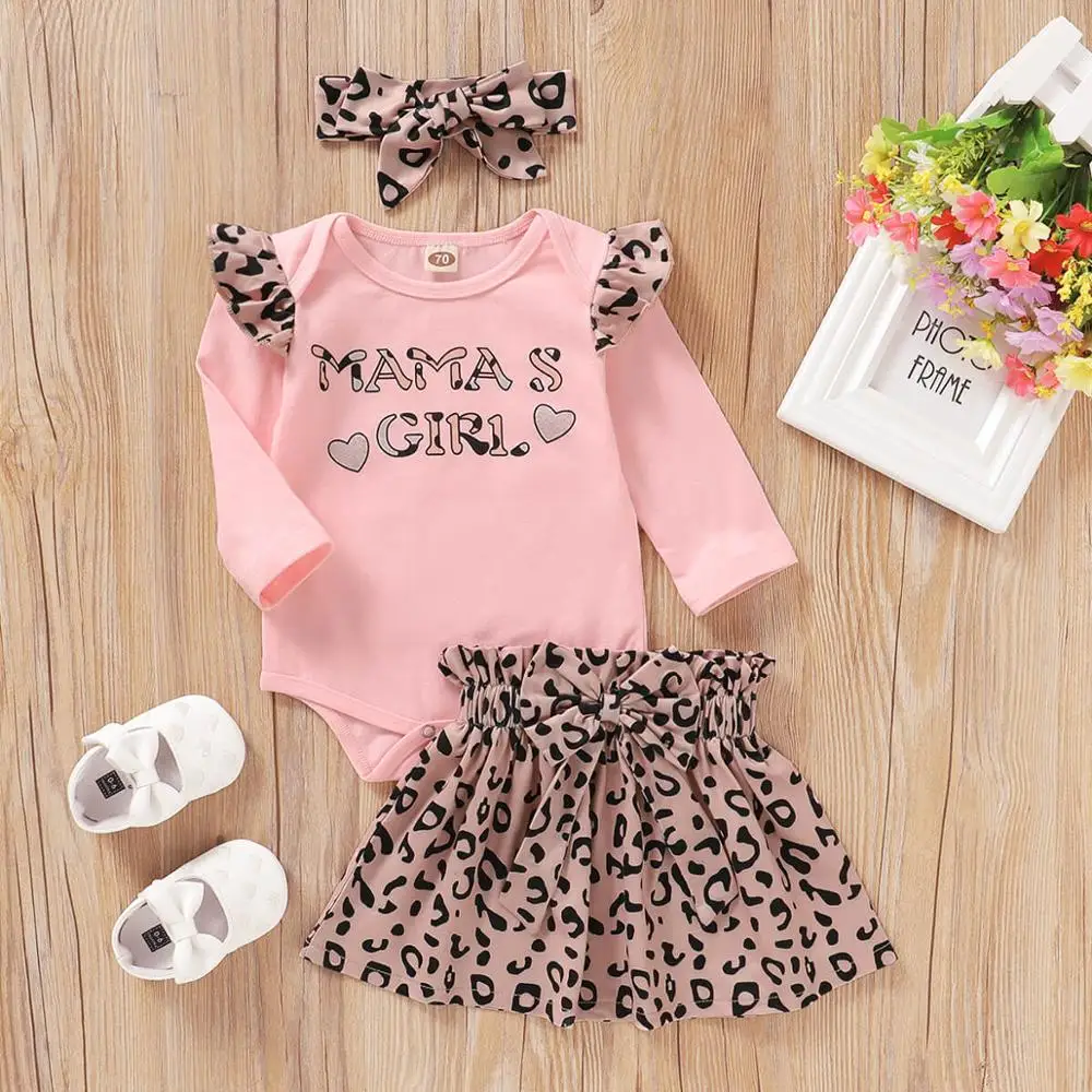 

Baby Girl Winter Outfit 3 Month Baby Girl Clothes Pink Long Sleeve Leopard Ruffles Skirt Headband 3PCS Mama's Girl Romper Outfit