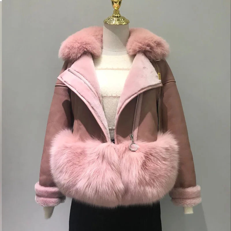 Женская куртка из овечьей кожи с большим воротником из лисьего меха, короткое пальто с мехом лисы, зимняя теплая меховая куртка на молнии розового и красного цвета