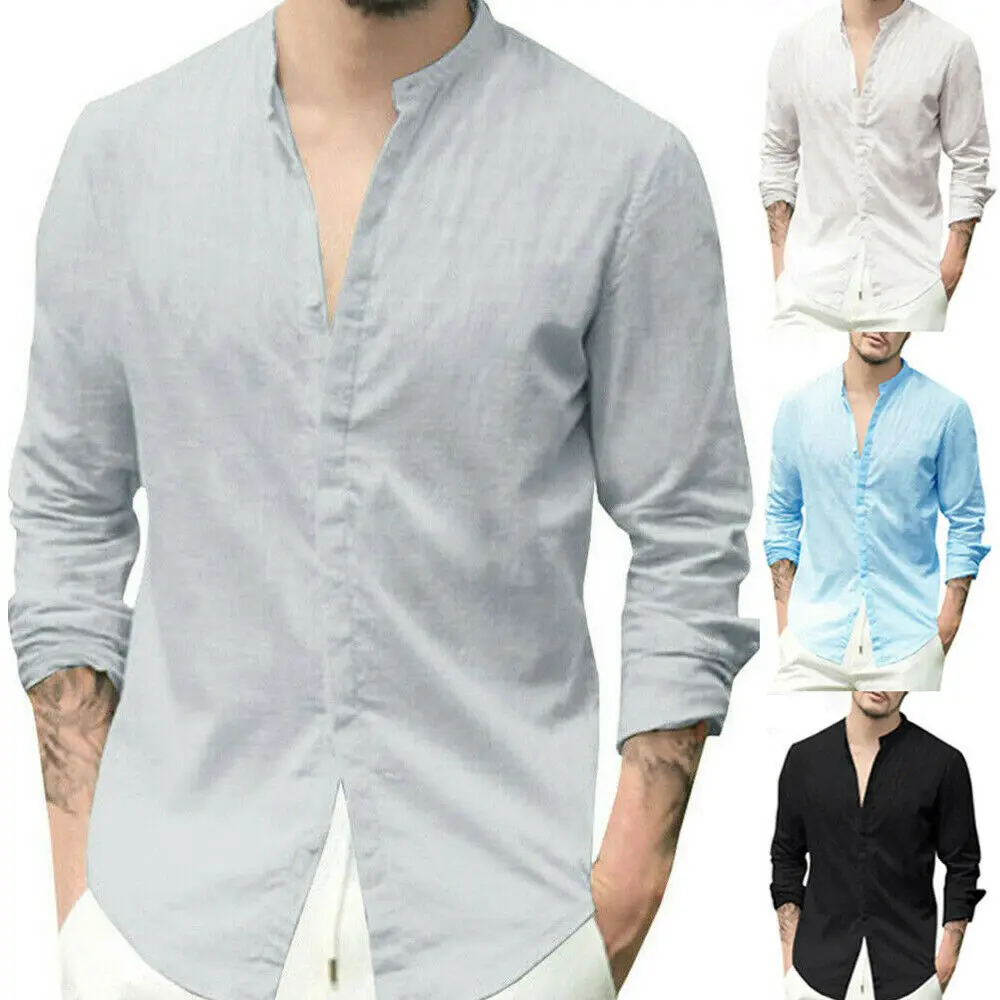 

Henley Casual Men's Long Sleeve V-neck Slim Fit Fitness Cotton Linen Shirt Blouse Tops Solid Basic Tee