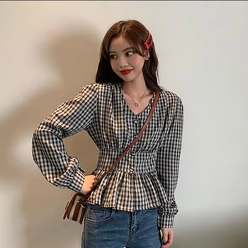 

South Korea autumn restore ancient ways French waist show thin V collar check nifty long sleeve shirt new style