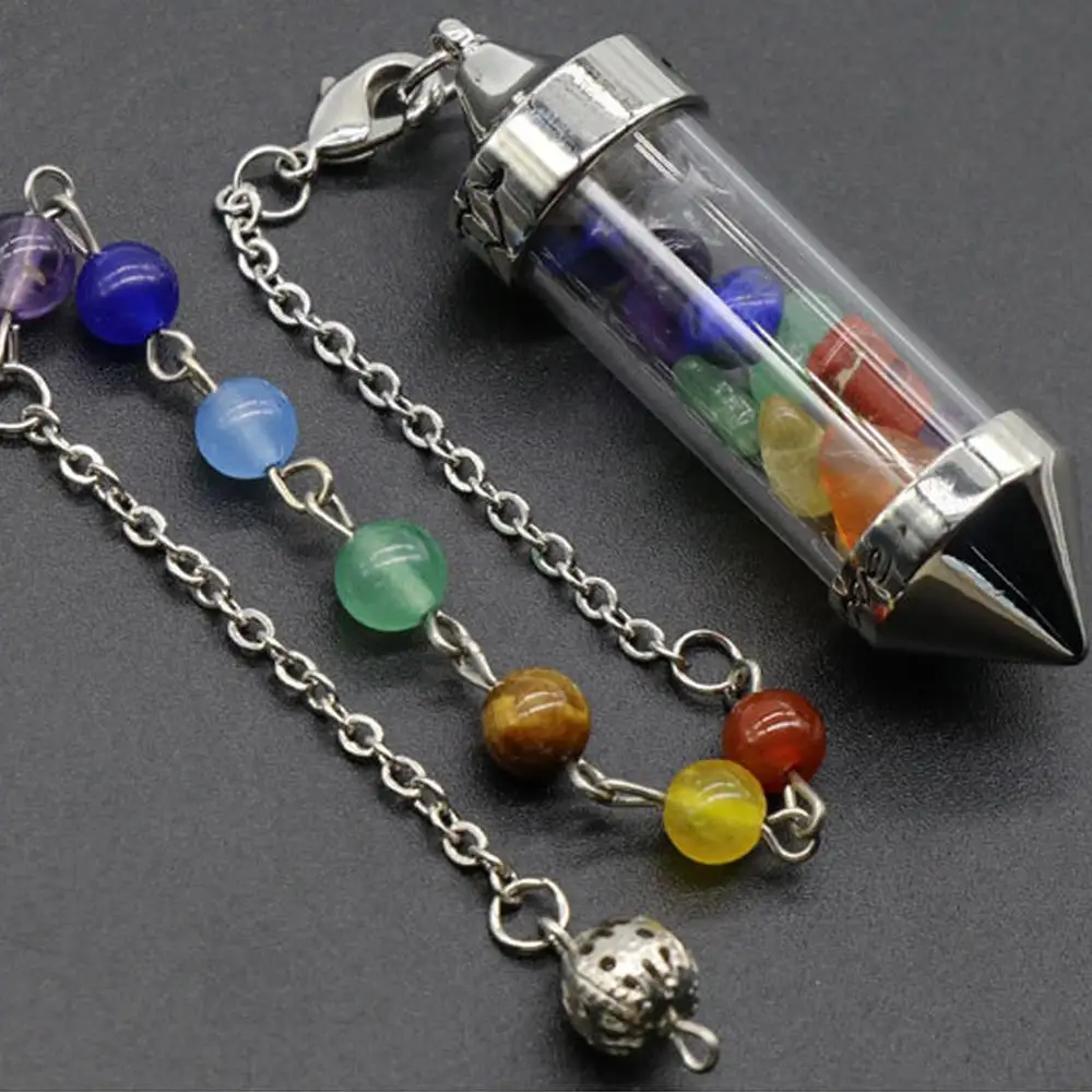 

6pcs/lot Natural Gems gravel stone Reiki Wishing Bottle Energy Pendulum 7 Chakra Healing Amethysts Pendant Necklace Jewelry Free