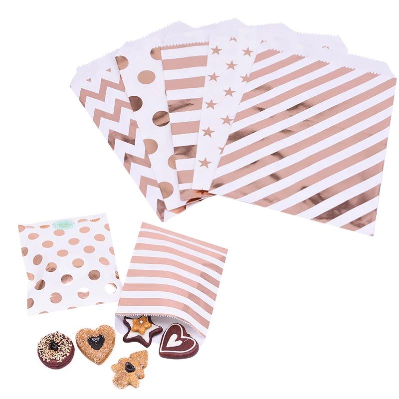 25pcs Rose Gold Paper Bags Gift Bag Treat Candy Bag Wedding Party Favor Food Packing Snack Cookies Chevron Polka Dot Stripe Bags