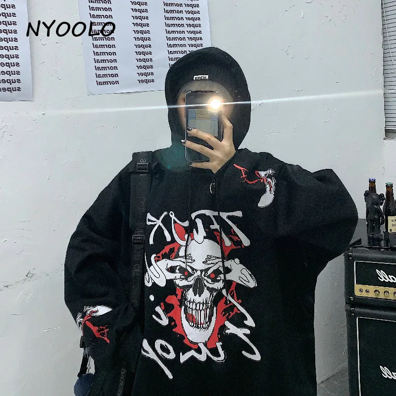 NYOOLO, Harajuku, уличная одежда, Череп, буквы, принт, свободные, теплые толстовки, Осень-зима, плюс бархат, пуловер, толстовка с капюшоном, для женщин и мужчин