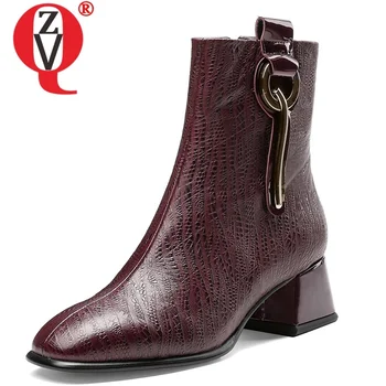 

ZVQ autumn new fashion genuine leather ankle boots outside mid heels square toe zip plus size office women shoes drop shipping