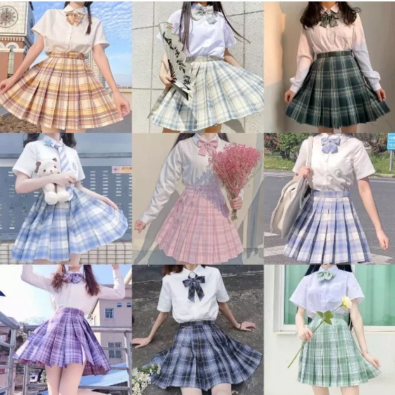 

School Girl Uniform Pleated Skirts Japanese School Uniform High Waist A-Line Plaid Skirt Sexy JK Uniforms for Woman Full set