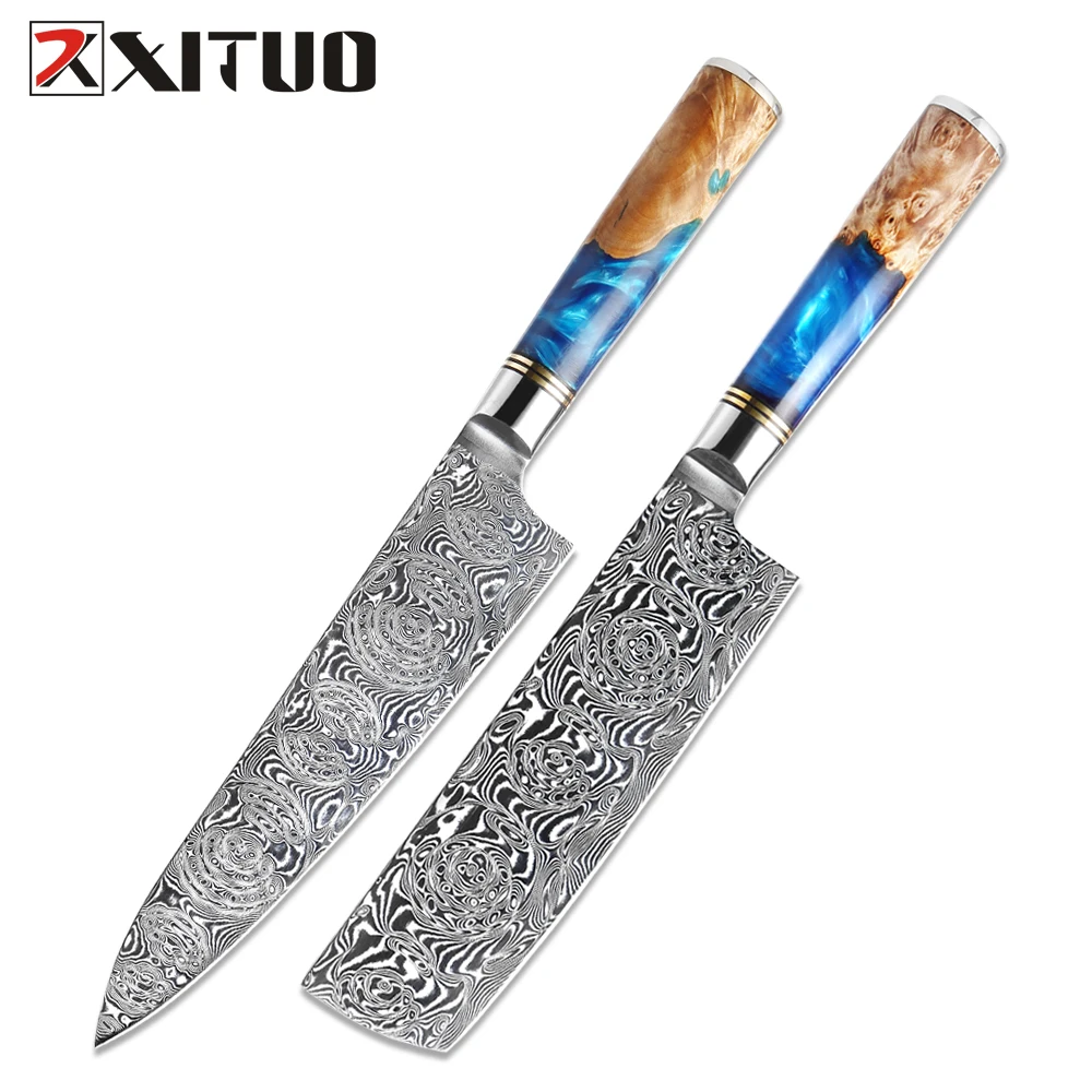  Custom Damascus chef knife set 3pc VG10 steel turquoise handle  hand carved polished custom gemstone kitchen knives sharp large chef gift  mens (Blue Turquoise) : Handmade Products