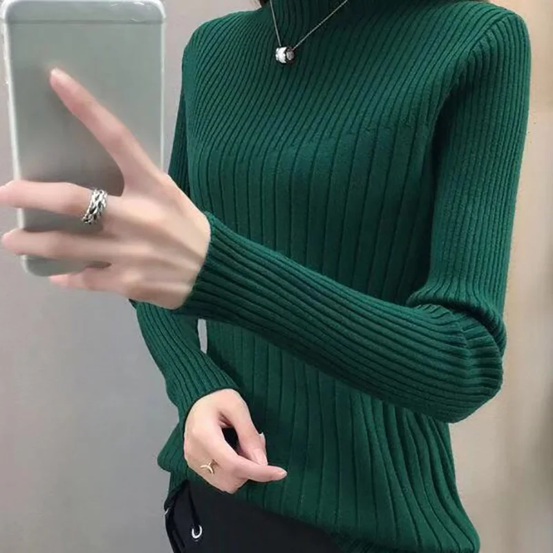 Women Sweater Knitted Winter Sweater New Half-high Collar Sweater Women\'s Color Slim Long-sleeved Pullover Sweater Tops