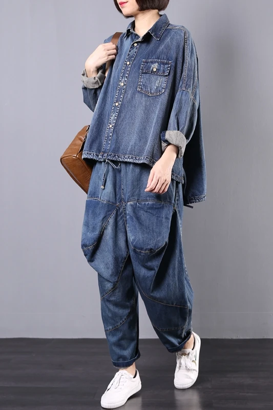 Spring Women Two Piece Outfits Jean Blouse Tops and Harem Trousers Sets Causal Shirts Denim Trousers Female Tracksuits AA280S30