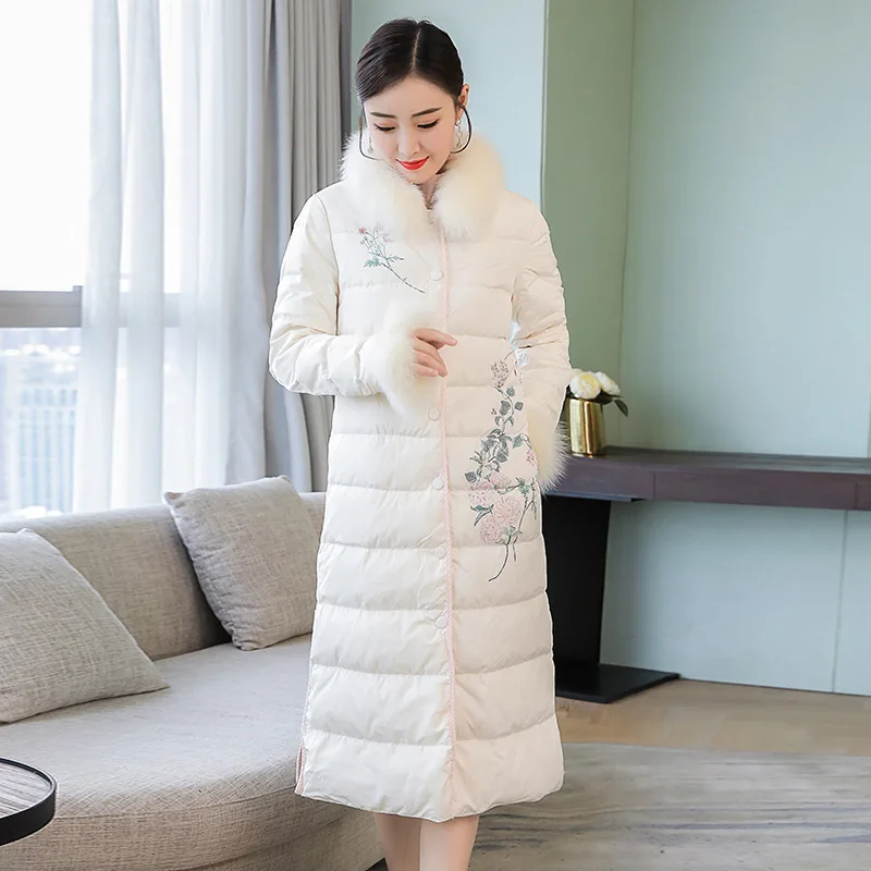 

2018 Winter WOMEN'S Dress Retro Printed down Jacket Cotton-padded Clothes Fur Collar Slim Fit Medium-length Fur Collar Coat