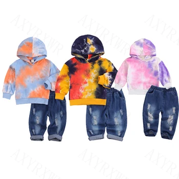 

1-6Y Baby Boys Girls Clothing Sets Tie Dye Sport Suit Set Fashion Kids Hoodies+Ripped Hole Jeans Pants Toddler Tracksuit Clothes