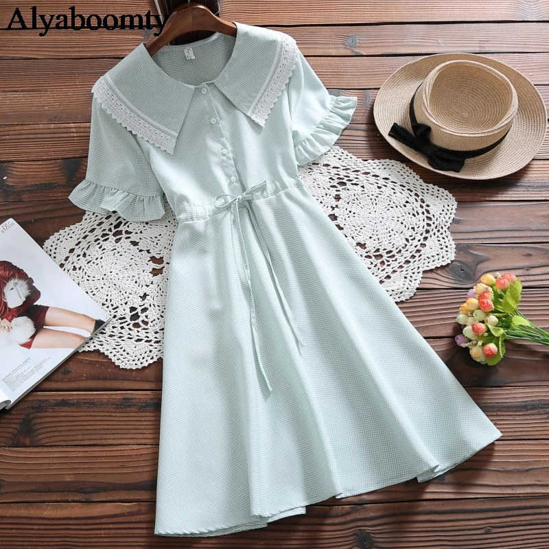 2021 Japanese Preppy Style Summer Women Cute Dress Peter Pan Collar Apricot Blue Green Lace Up Elegant Plaid Sweet Dresses | Женская