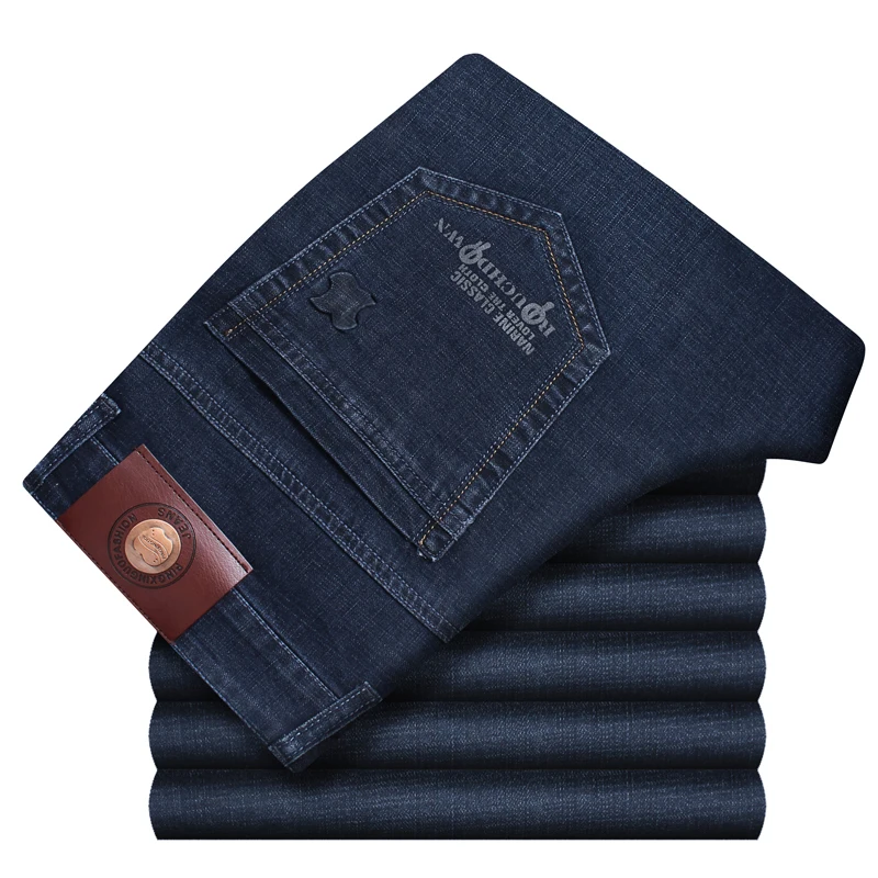 Navy blue Xuansheng Брендовые мужские джинсы осенние и зимние плотные деловые повседневные Стрейчевые узкие джинсы классические брюки синие черные джинсы - Цвет: Navy blue
