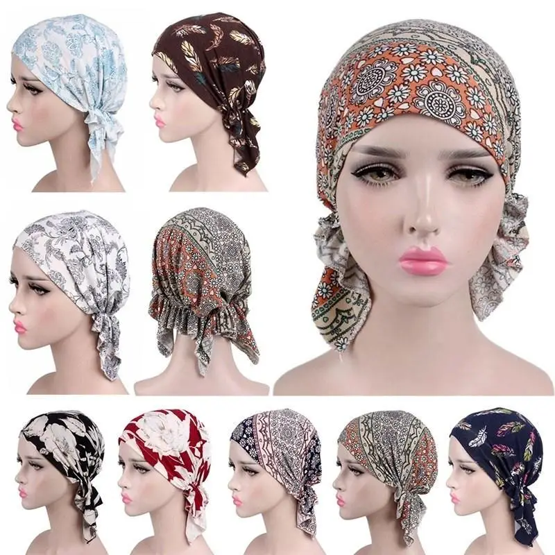 

Women Printed Pre-tie Headscarf Elastic Muslim Female Turban Cancer Chemo Hat Hair Loss Cover Head Wrap Headwear Stretch Bandana