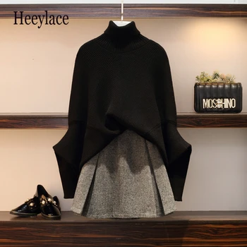 

Large Plus Size L-4XL Oversize Sweater Skirt Suit Bat sleeve pullover+Woolen skirt 2pcs Sets Turtleneck Tops Vintage Skirt Sets