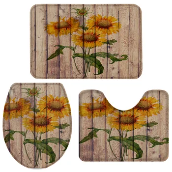 

3 Pieces Bathroom Set Sunflower Rustic Bath Set Toilet Cover Mat Pedestal Rug Non-Slip Bathroom Rug Set