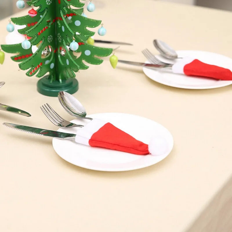 

5pcs/set Christmas Ornaments Tableware Knife Fork Christmas Hat Decoration New Year Noel Decorations for Home wine bag Wholesale