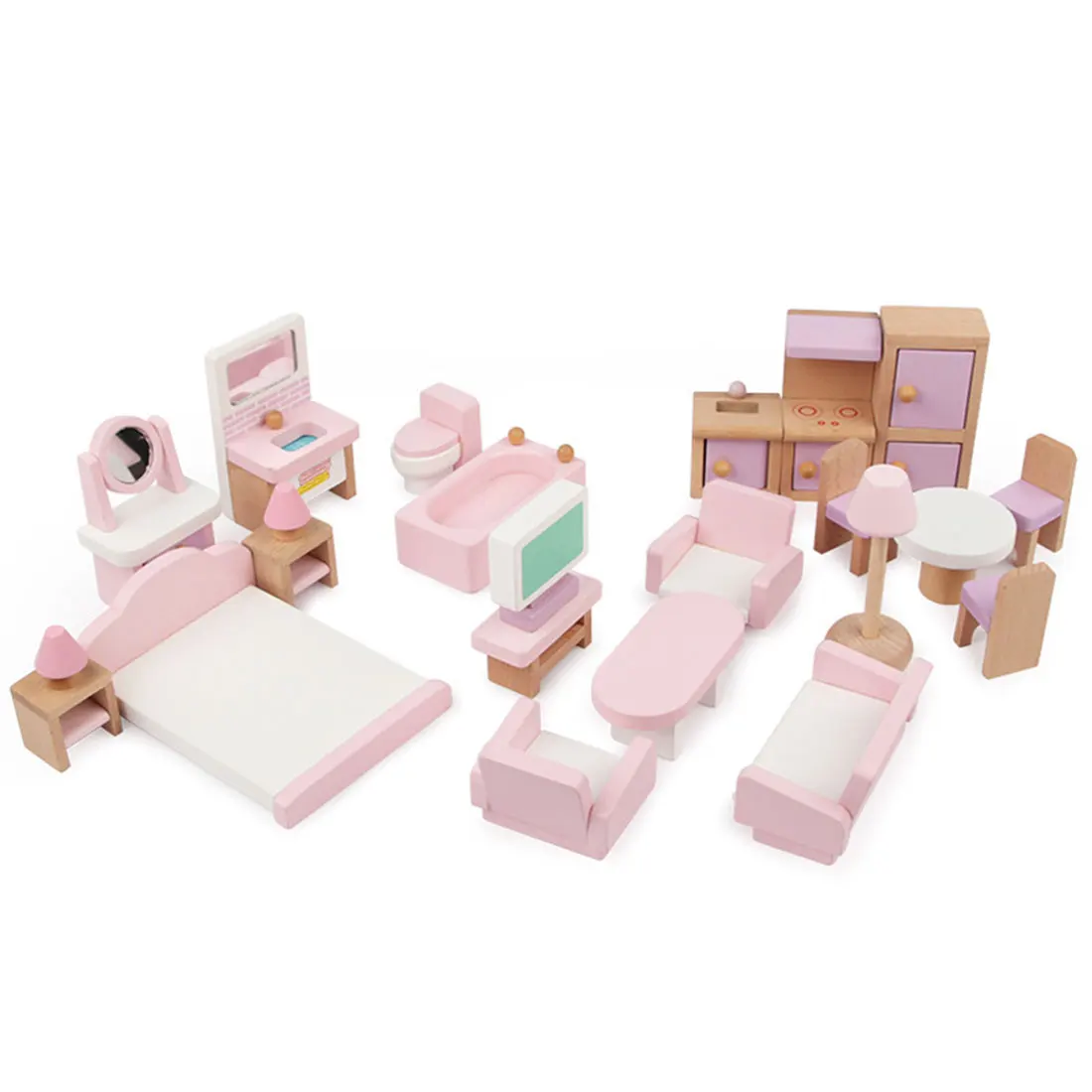 

22Pcs Children Pretend House Play Wooden Pink Small Furniture Toy Set