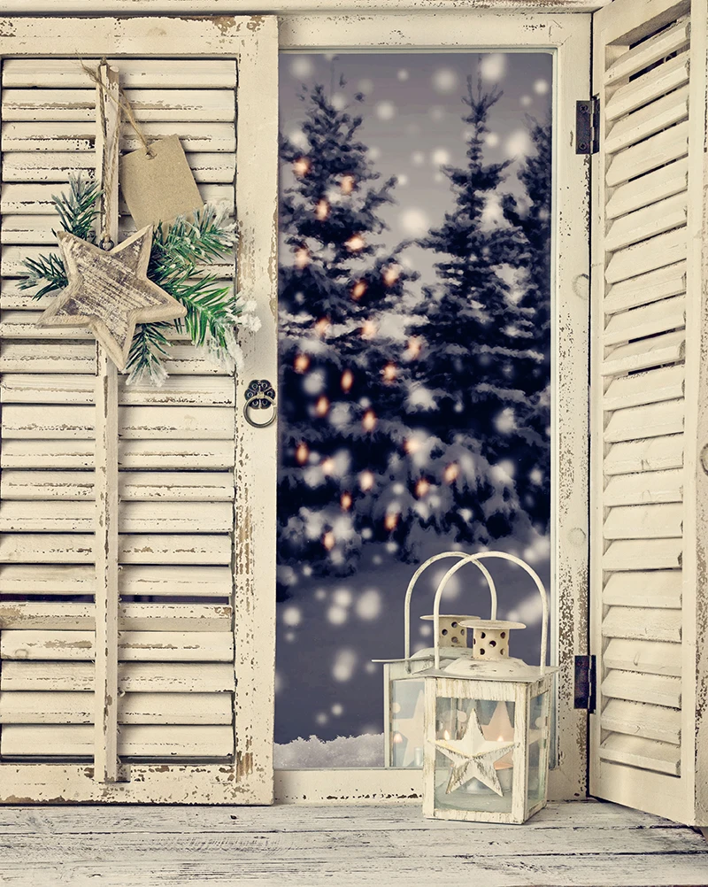 Capisco Wood Window Photography Backdrop Christmas Tree Sparkle Outdoor Winter Snow forest Scenic Background Photo Studio