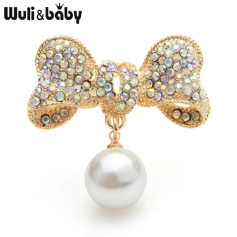 Wuli&baby, стразы, бант, броши для женщин, жемчуг, золотой цвет, цветок, брошь на свадьбу, банкет, булавки, подарки