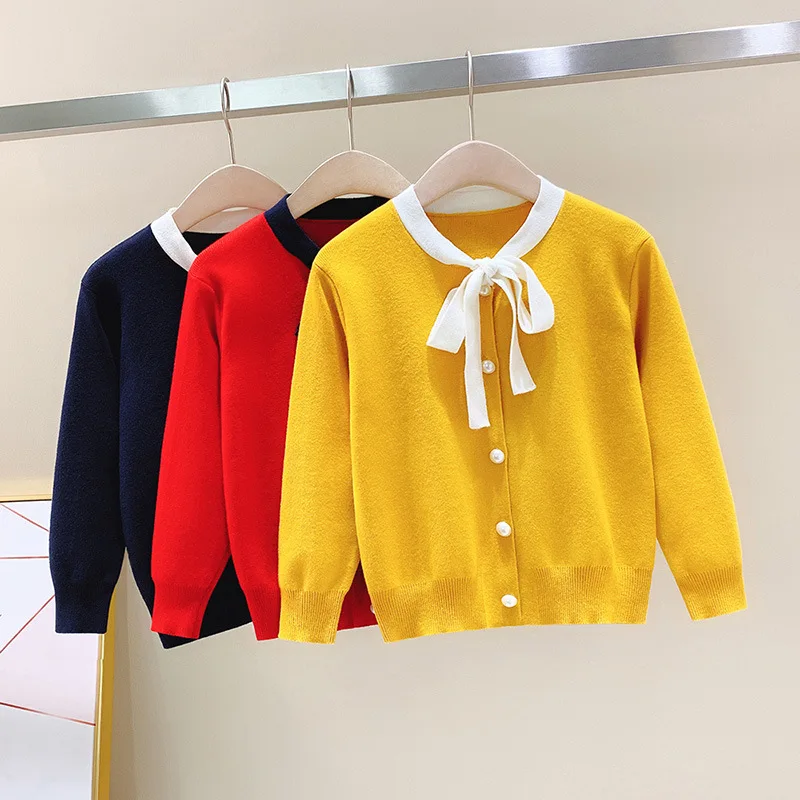 

Middle And Large GIRL'S Coat Women's Spring And Autumn Korean-style Cardigan Children Women's Big Kid Short Bow Tie Sweater Oute