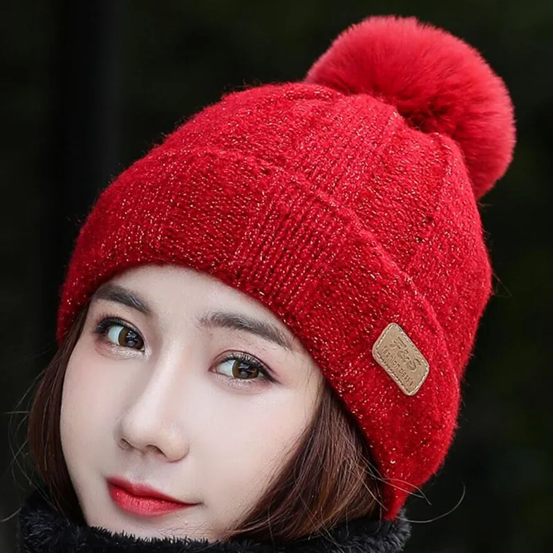 SUOGRY Hot Selling 2pcs Ski Cap And Scarf Cold Warm Leather Winter Hat for Women Knitted Hat Bonnet Warm Cap Skullies Beanies - Цвет: Hat red