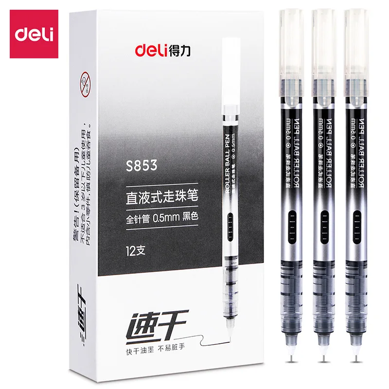 3 Pcs Deli S853 Straight Liquid Rollerball Pen 0.5mm Gel Quick Dry Ink Needle Tube Type Large Capacity |
