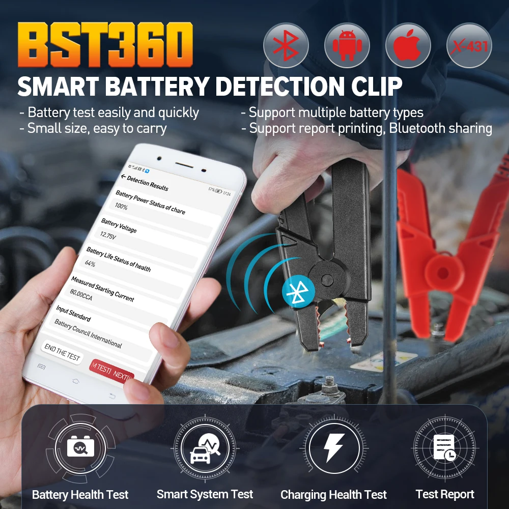 LAUNCH BST-360 Bluetooth Battery Test Clip Analyzer 6V 12V 2000CCA BST360 Voltage tester for x431 device Adnroid / IOS Phone 2