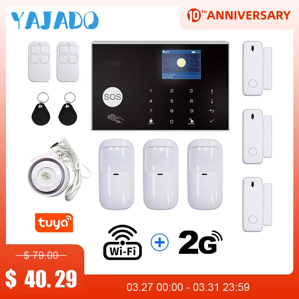 

YAJADO Tuya WiFi GSM Alarm System Kit Home Security Burglar Alarm with 433Mhz Wireless Detector Wired Siren APP Remote Control