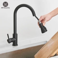 Free Shipping  Black Pull Out Kitchen Sink Faucet Deck Mounted Stream Sprayer Kitchen Mixer Tap Bathroom Kitchen Hot Cold Tap