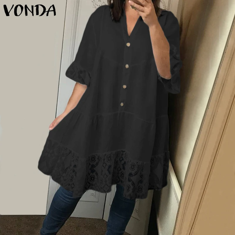 Открытая туника, топы, женская блузка, модная Осенняя сорочка VONDA для женщин s 3/4 с расклешенными рукавами, женская рубашка большого размера
