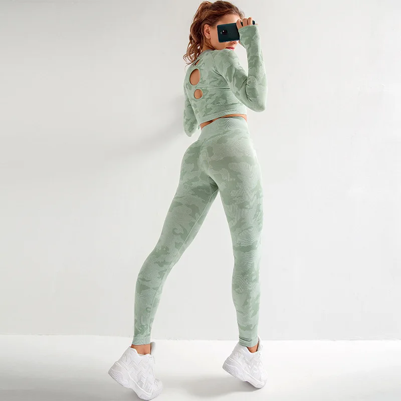 Skup Damskie zestawy do jogi koszula z długim rękawem + bezszwowe legginsy spodnie Camo dresy stroje gimnastyczne odzież do biegania Fitness Sportd garnitur, ZF289