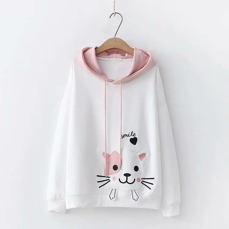 Woherb/японская Толстовка Kawaii с рисунком кота; толстовки с капюшоном и длинными рукавами; милые топы контрастного цвета для студентов; Новинка 91054 года; сезон осень