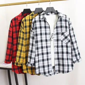 

*Plaid Print Blouse Women Vintage Spring Autumn Lapel Shirt Loose Blusas Mujer De Moda Single-breasted Long Sleeve Blouse*