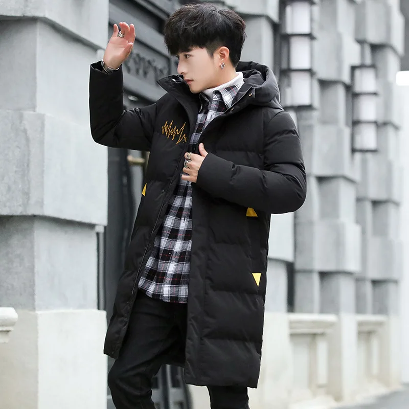Korean-style Trend Teenager Students Casual Winter Thick Mid-length Printed Cotton Overcoat Men