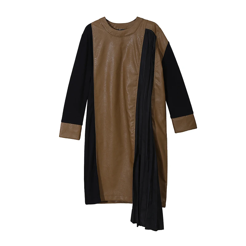 Khaki 5714 Новинка, Женское зимнее платье из искусственной кожи с длинным рукавом, цвета хаки, плиссированная часть, пэчворк, стильная женская повседневная одежда, платье из искусственной кожи, Vestido 5714 - Цвет: Khaki 5714