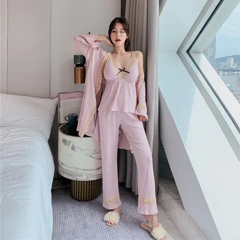 

Autumn Ladies Pajama Set Cotton Satin 3Pcs Set Cardigan+Vest+Pants Solid Color Elegant Femme Tender Sleepwear Homewear